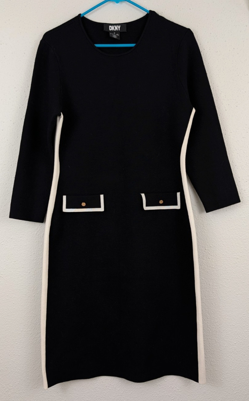 DKNY sz M Sweater Sheath Dress black & ivory stretchy 0514
